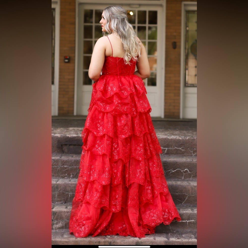 Jovani Red Sequin Ruffle Prom Dress Size 10 - Picture 5 of 6